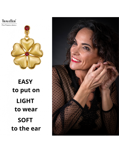 Traveller Clip-on Earrings - Drop Earring - Gold Coloured - Crystals - Red - Gold Plated - Hearts - 25x20 mm - 157694