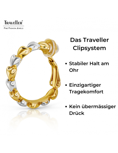 Traveller Ohrclips - Creolen - Goldfarbe & Silberfarbe - Bicolor - 24mm - Herzen - Vergoldet & Platiniert - 157688