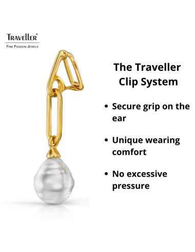 Traveller Clip-on Earrings - Drop Earring - Baroque Pearls - 14x12 mm - White - Gold Plated - Link - 50x12mm - 114278