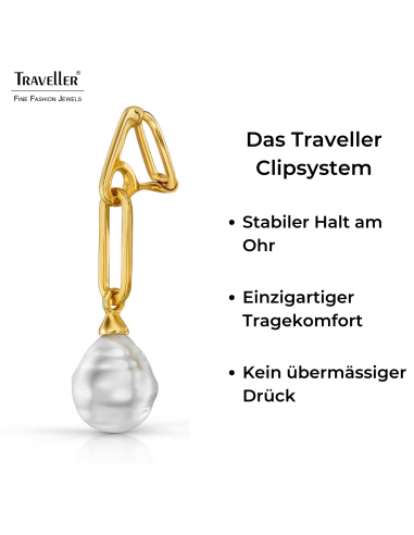 Traveller Ohrclips - Hänger - Goldfarbe - Barock Perle - 14x12mm - Weiss - Vergoldet -  Glieder - 50x12mm - 114278