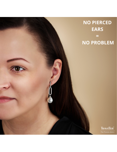 Traveller Clip-on Earrings - Drop Earring - Baroque Pearls - 14x12mm - White - Platinum Plated - Link - 50x12mm - 114279