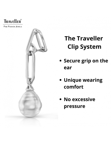 Traveller Clip-on Earrings - Drop Earring - Baroque Pearls - 14x12mm - White - Platinum Plated - Link - 50x12mm - 114279