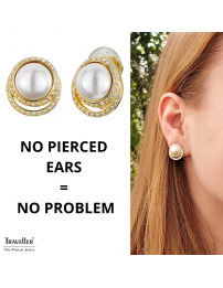 Traveller Clip earrings - Parel - White - Cyrstals - 22ct gold plated - 114239