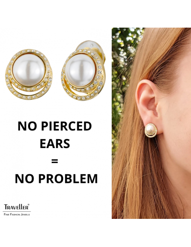 Traveller Clip earrings - Parel - White - Cyrstals - 22ct gold plated - 114239