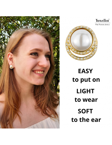 Traveller Clip earrings - Parel - White - Cyrstals - 22ct gold plated - 114239