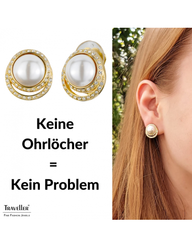 Traveller Ohrclip - Perle weiß - Kristall - 22kt vergoldet - 114239