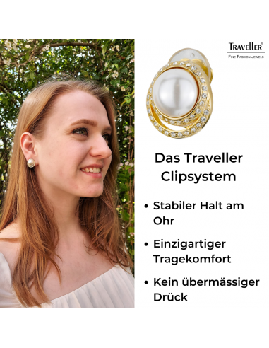Traveller Ohrclip - Perle weiß - Kristall - 22kt vergoldet - 114239