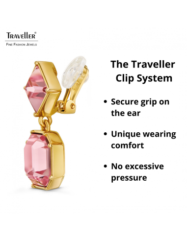 Traveller Clip-on Earrings - Drop Earring - Gold coloured - Crystals - Light Pink - Gold plated - 30x13 mm - 157698