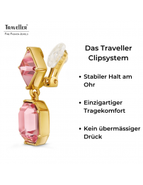 Traveller Ohrclips - Hänger - Goldfarbe - Preciosa Kristalle - Hellrosa - Vergoldet - 30x13 mm - 157698