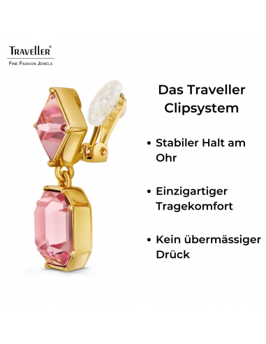 Traveller Ohrclips - Hänger - Goldfarbe - Preciosa Kristalle - Hellrosa - Vergoldet - 30x13 mm - 157698