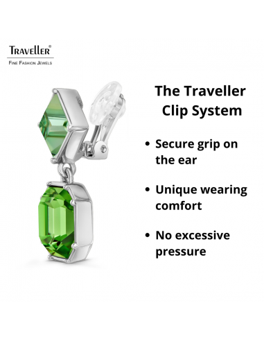 Traveller Clip-on Earrings - Drop Earrings - Platinum Plated - Crystals - Green - Crysolite&Peridot - 30x13 mm - 157700