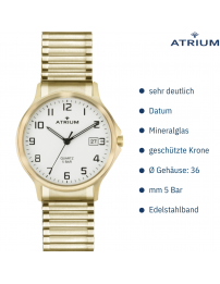 ATRIUM Armbanduhr - Herren - Edelstahl - Goldfarben - Flexibles Zugband (21cm) - 5 Bar - Datum - Quartz - A12-60
