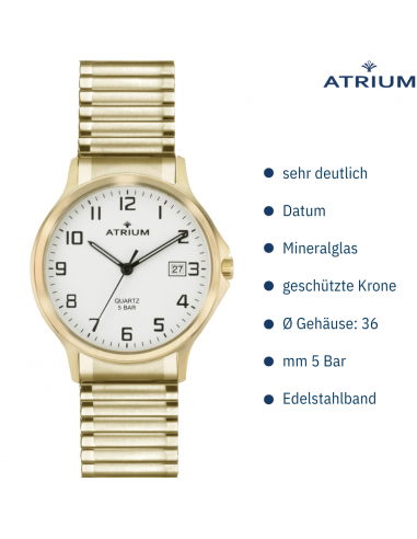 ATRIUM Armbanduhr - Herren - Edelstahl - Goldfarben - Flexibles Zugband (21cm) - 5 Bar - Datum - Quartz - A12-60