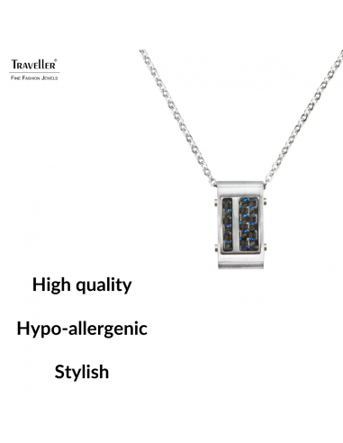 Traveller Necklace - Men - Carbon & Stainless Steel - Blue - 55 cm long