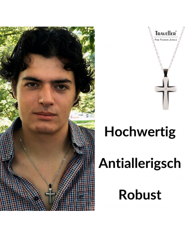 Traveller Kreuz  Kette - Herren - Kette Man - Zirkonia - Edelstahl & Schwarz - 50+5cm lang Traveller Kreuz  Kette - Herren - Kette Man - Zirkonia - Edelstahl & Schwarz - 50+5cm lang