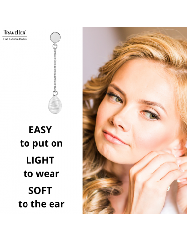 Traveller Clip-on Earrings - Drop Earring - Baroque Pearls - 10x8mm - White - Platinum Plated - 50x8mm - 114272