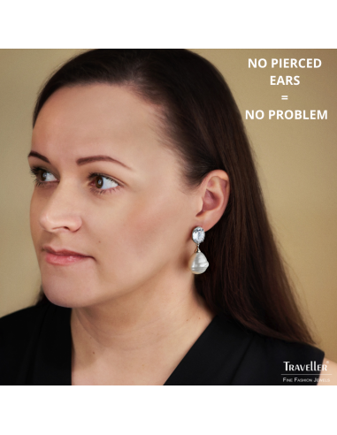 Traveller Clip-on Earrings - Drop Earring - Silver Plated - Baroque Pearls -20x17mm- White - Crystals - 42mm - 114285