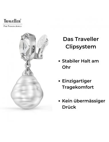 Traveller Ohrclips - Hänger - Silberfarbe - Barock Perle -20x17mm - Weiss - Kristalle - Platiniert - 42x17mm - 114285