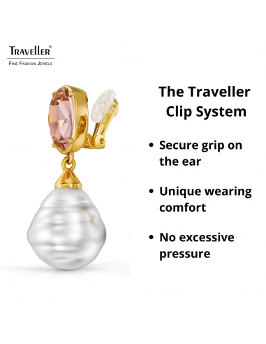 Traveller Clip-on Earrings - Drop Earring - Gold Plated - Baroque Pearls -20x17mm- White - Crystals - Pink -42mm - 114286