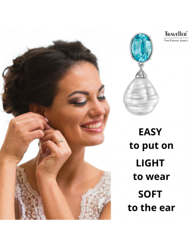 Traveller Clip-on Earrings - Baroque Pearls - 20x17mm - White - Crystals - Blue - Platinum Plated - 42x17mm - 114287