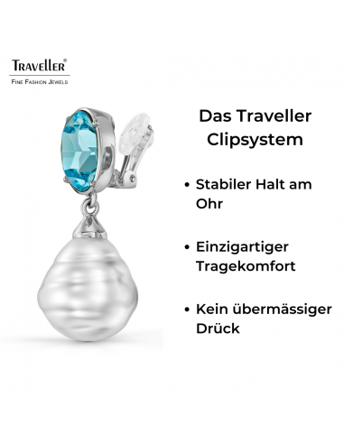 Traveller Ohrclips - Hänger - Silberfarbe - Barock Perle -20x17mm- Weiss - Kristalle - Blau - Platiniert -42x17mm- 114287