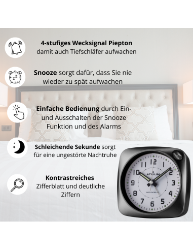 ATRIUM Wekker - Radiogestuurd - Analoog - Geen tikgeluid - Afgerond vierkant model - Duidelijk - Zwart - A610-7
