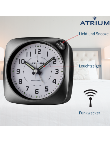 ATRIUM Wekker - Radiogestuurd - Analoog - Geen tikgeluid - Afgerond vierkant model - Duidelijk - Zwart - A610-7