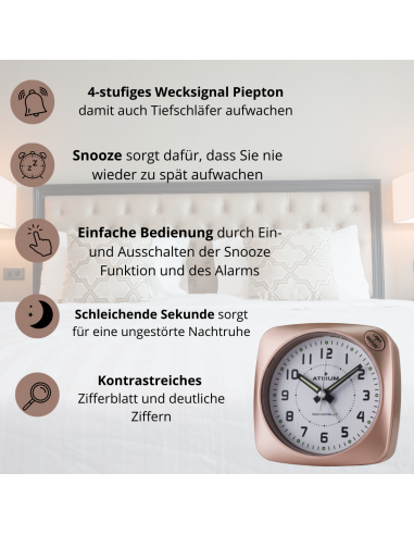 ATRIUM Wekker - Radiogestuurd - Analoog - Geen tikgeluid - Afgerond vierkant model - Duidelijk - Rose Metallic - A61017