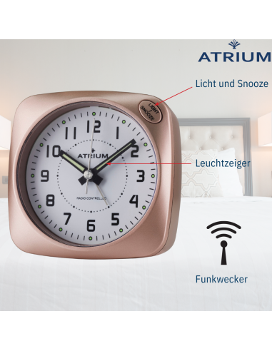 ATRIUM Wekker - Radiogestuurd - Analoog - Geen tikgeluid - Afgerond vierkant model - Duidelijk - Rose Metallic - A61017