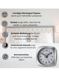 ATRIUM Wekker - Radiogestuurd - Analoog - Geen tikgeluid - Afgerond vierkant model - Duidelijk - Zilver - A610-19