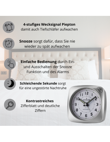 ATRIUM Wekker - Radiogestuurd - Analoog - Geen tikgeluid - Afgerond vierkant model - Duidelijk - Zilver - A610-19