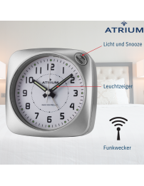 ATRIUM Wekker - Radiogestuurd - Analoog - Geen tikgeluid - Afgerond vierkant model - Duidelijk - Zilver - A610-19