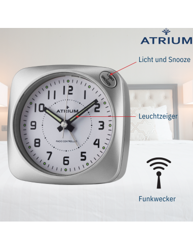 ATRIUM Wekker - Radiogestuurd - Analoog - Geen tikgeluid - Afgerond vierkant model - Duidelijk - Zilver - A610-19