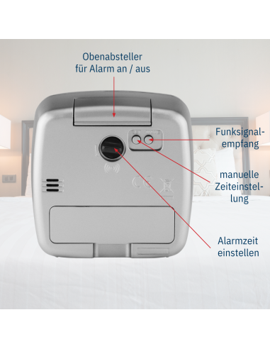 ATRIUM Wekker - Radiogestuurd - Analoog - Geen tikgeluid - Afgerond vierkant model - Duidelijk - Zilver - A610-19