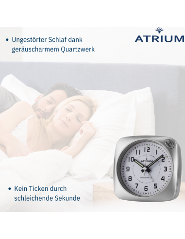 ATRIUM Wekker - Radiogestuurd - Analoog - Geen tikgeluid - Afgerond vierkant model - Duidelijk - Zilver - A610-19
