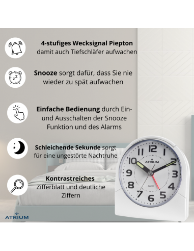 ATRIUM Wecker - Analog - Weiss - Klar - Aufbauender Alarm - Snooze - Ohne Ticken - A218-0