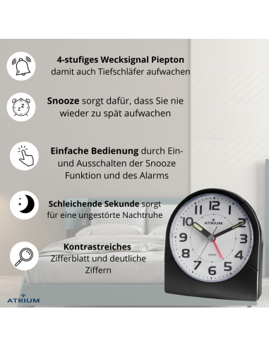 ATRIUM Wecker - Analog - Schwarz - Klar - Aufbauender Alarm - Snooze - Ohne Ticken - A218-7