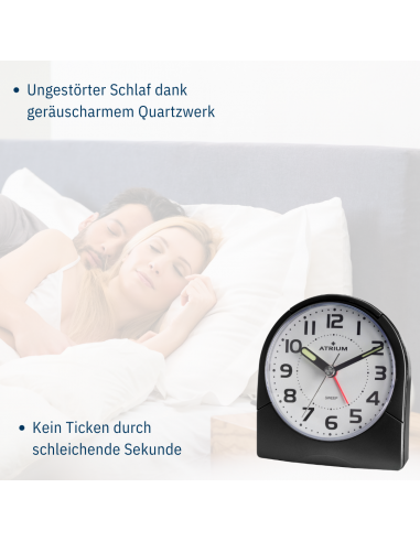 ATRIUM Wecker - Analog - Schwarz - Klar - Aufbauender Alarm - Snooze - Ohne Ticken - A218-7
