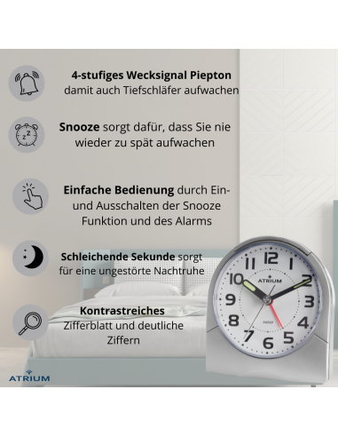 ATRIUM Wecker - Analog - Silber - Klar - Aufbauender Alarm - Snooze - Ohne Ticken - A218-19