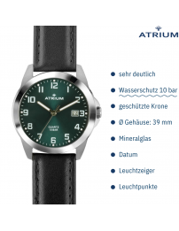 ATRIUM Herren Armbanduhr - Schwarzes Lederband - Dunkelgrün Zifferblatt - Datum - Edelstahl 10 bar - A16-16