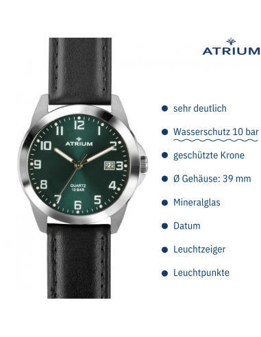ATRIUM Herren Armbanduhr - Schwarzes Lederband - Dunkelgrün Zifferblatt - Datum - Edelstahl 10 bar - A16-16