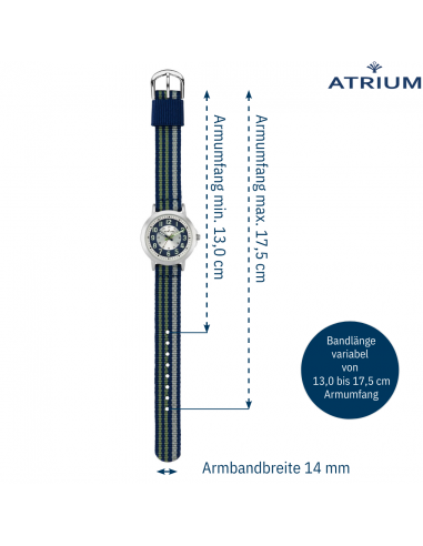 ATRIUM Uhr - Kinder - Jungen - Blau & Grün & Grau - Analog - 3 Bar - Lernzifferblatt - Nylonband