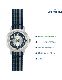 ATRIUM Uhr - Kinder - Jungen - Blau & Grün & Grau - Analog - 3 Bar - Lernzifferblatt - Nylonband