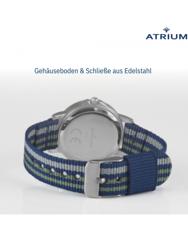 ATRIUM Uhr - Kinder - Jungen - Blau & Grün & Grau - Analog - 3 Bar - Lernzifferblatt - Nylonband