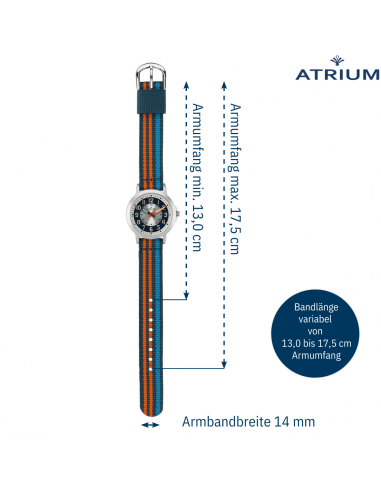 ATRIUM Uhr - Kinder - Jungen - Blau & Orange & Hellblau - Analog - 3 Bar - Lernzifferblatt - Nylonband - A50-12