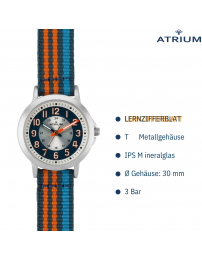 ATRIUM Uhr - Kinder - Jungen - Blau & Orange & Hellblau - Analog - 3 Bar - Lernzifferblatt - Nylonband - A50-12