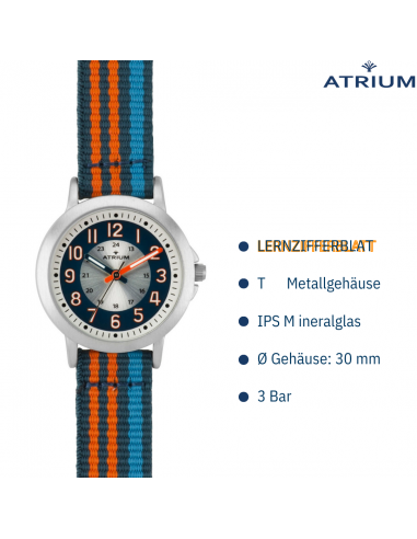 ATRIUM Uhr - Kinder - Jungen - Blau & Orange & Hellblau - Analog - 3 Bar - Lernzifferblatt - Nylonband - A50-12