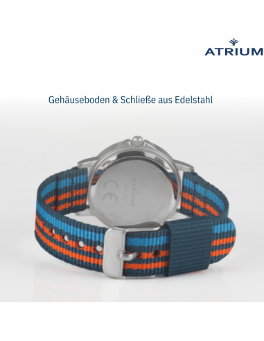 ATRIUM Uhr - Kinder - Jungen - Blau & Orange & Hellblau - Analog - 3 Bar - Lernzifferblatt - Nylonband - A50-12