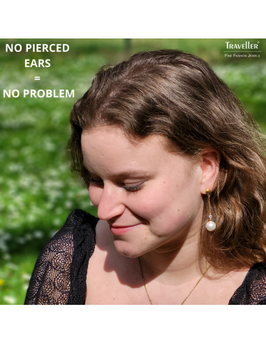 Traveller Clip-on Earrings - Drop Earrings - Gold Plated - Pearls - 12mm - White - Preciosa Crystals - 53x12 mm - 114139