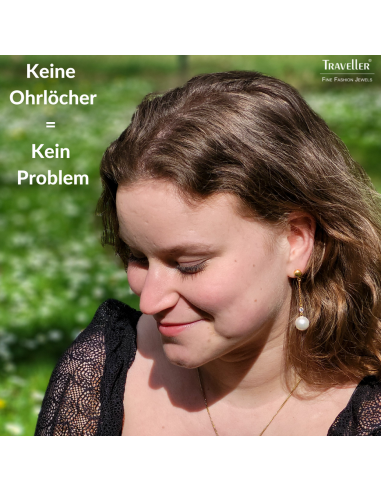 Traveller Ohrclips - Hänger - Goldfarbe - Perle - 12 mm - Weiss - Preciosa Crystals - Vergoldet - 53x12 mm - 114139